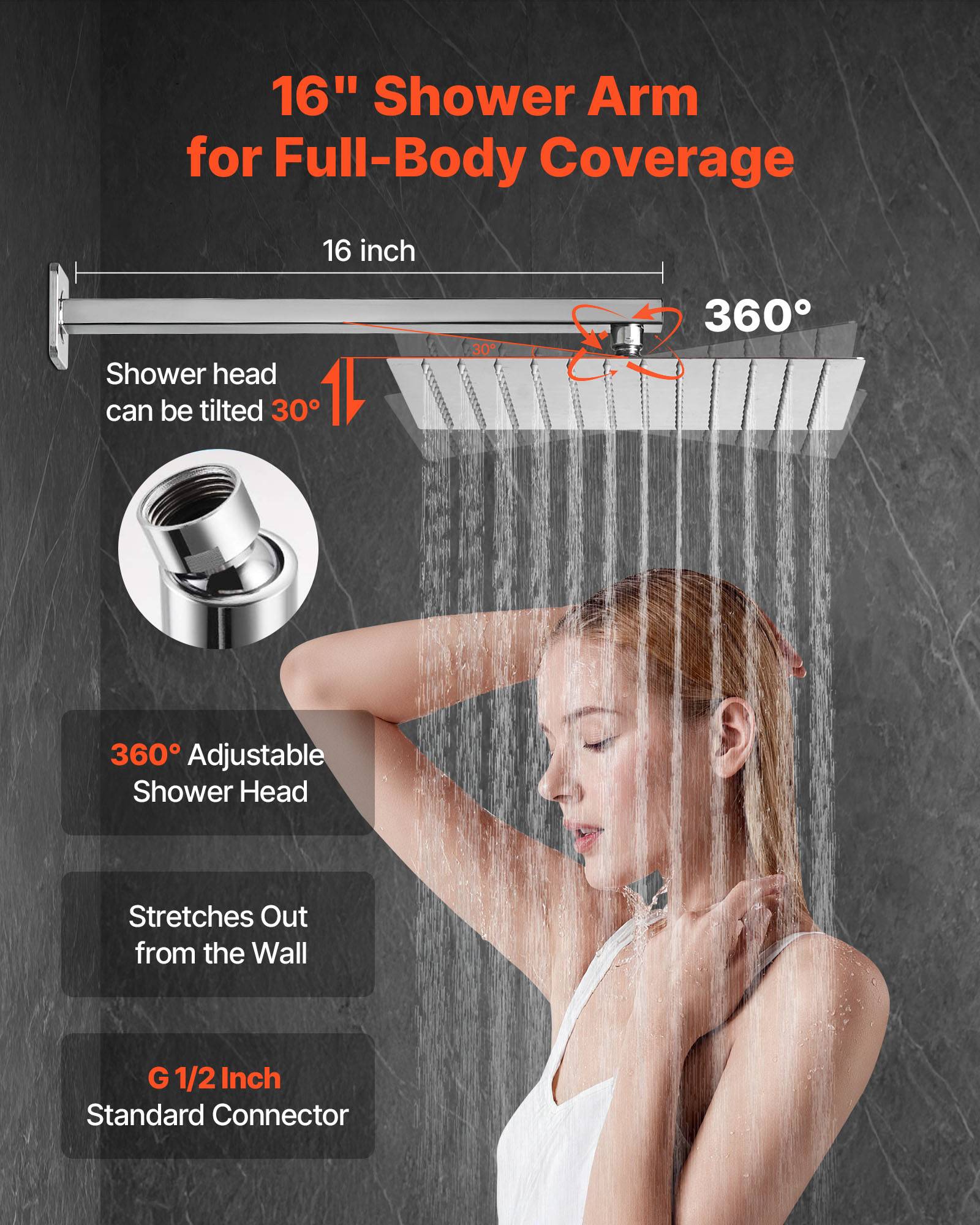VEVOR Kit de Douche avec Douchette de Tête Carrée 30,5cm et à Main Argent Chromé - Image 4