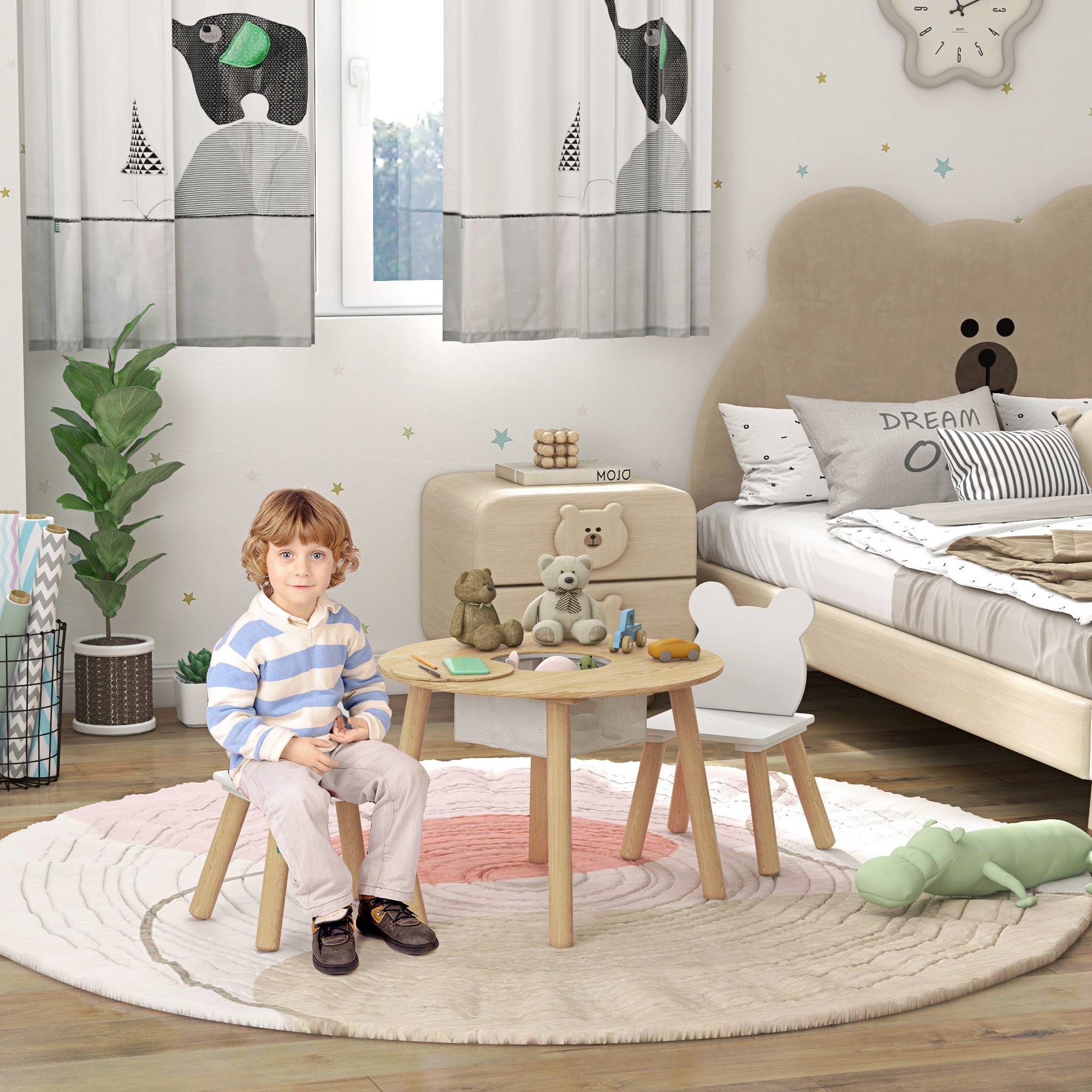 Ensemble table et 2 chaises enfant bois dossier ours avec rangement, pour enfants 3-6 ans - Image 3