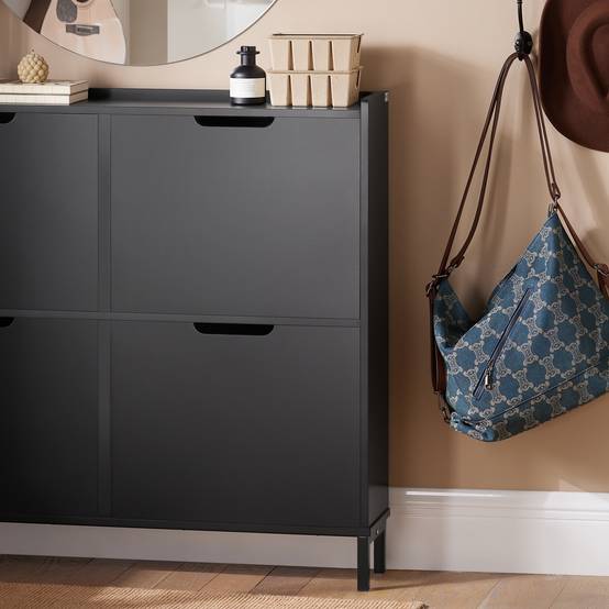 SoBuy Meuble à Chaussures Compact 4 Abattants, Rangement Étroit pour Entrée ou Couloir, Noir, L100xP19xH91cm, Modèle FSR100-SCH - Image 10