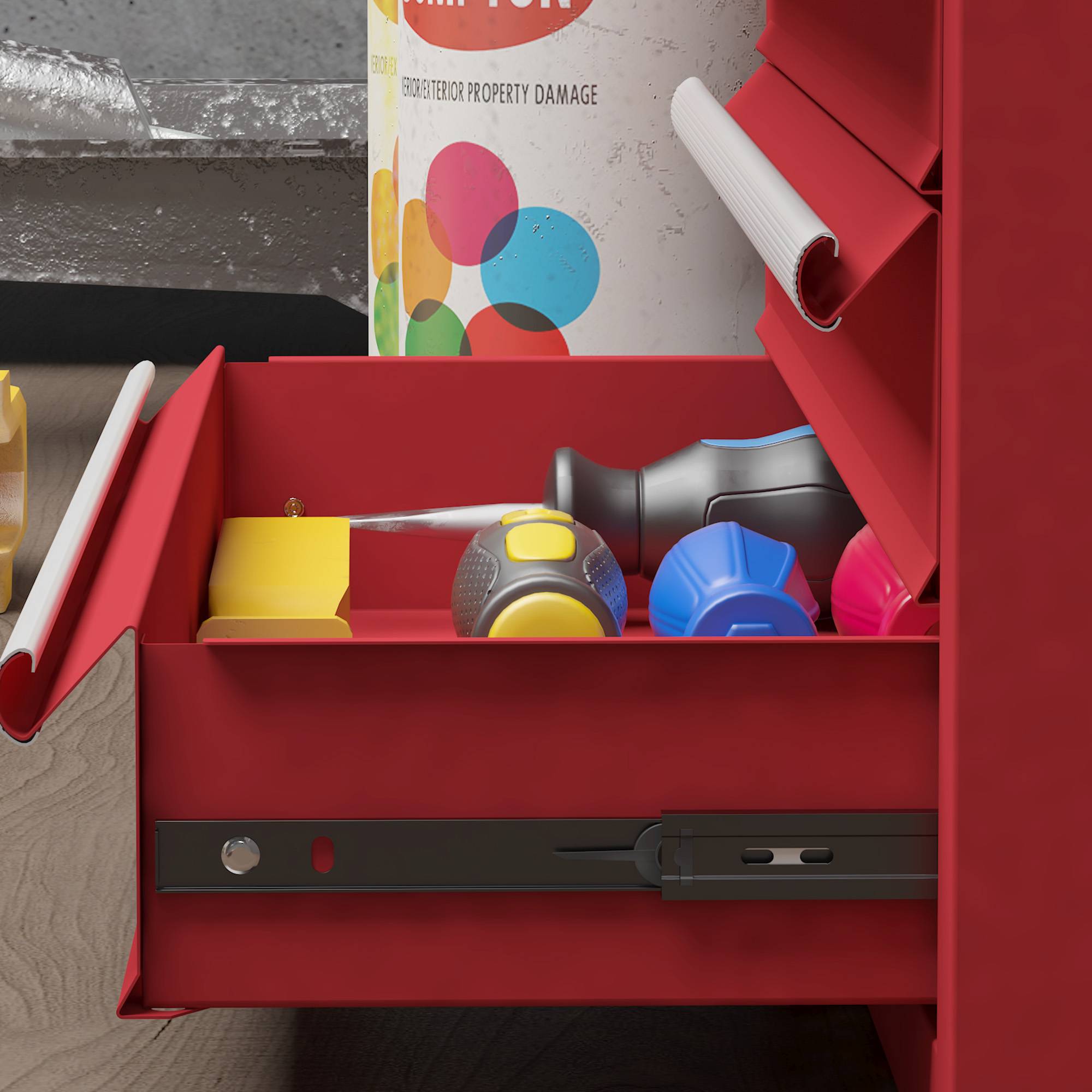Sans Marque - Boîte à outils avec 4 tiroirs, compartiment de rangement supérieur, fixations en acier, poignée de transport, 51x22x39,5 cm, rouge - Image 10