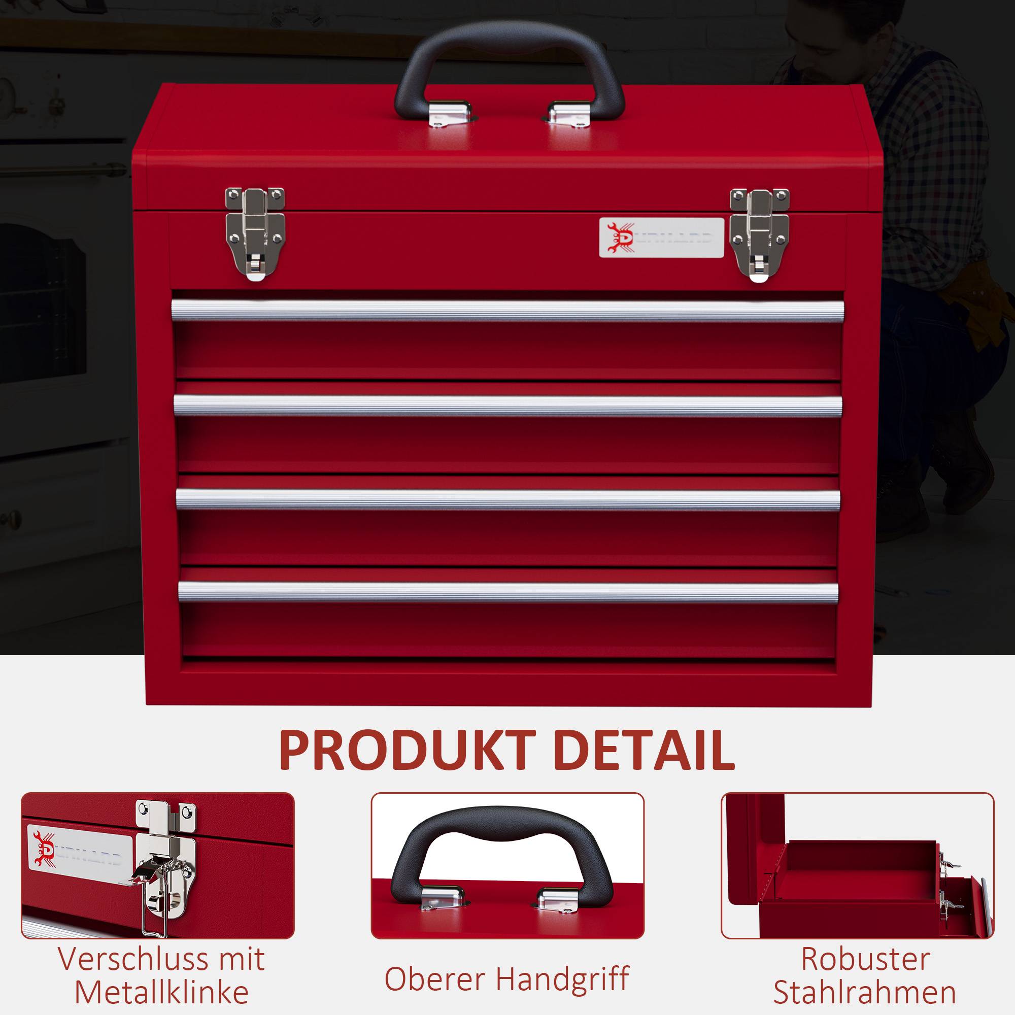 Sans Marque - Boîte à outils avec 4 tiroirs, compartiment de rangement supérieur, fixations en acier, poignée de transport, 51x22x39,5 cm, rouge - Image 6