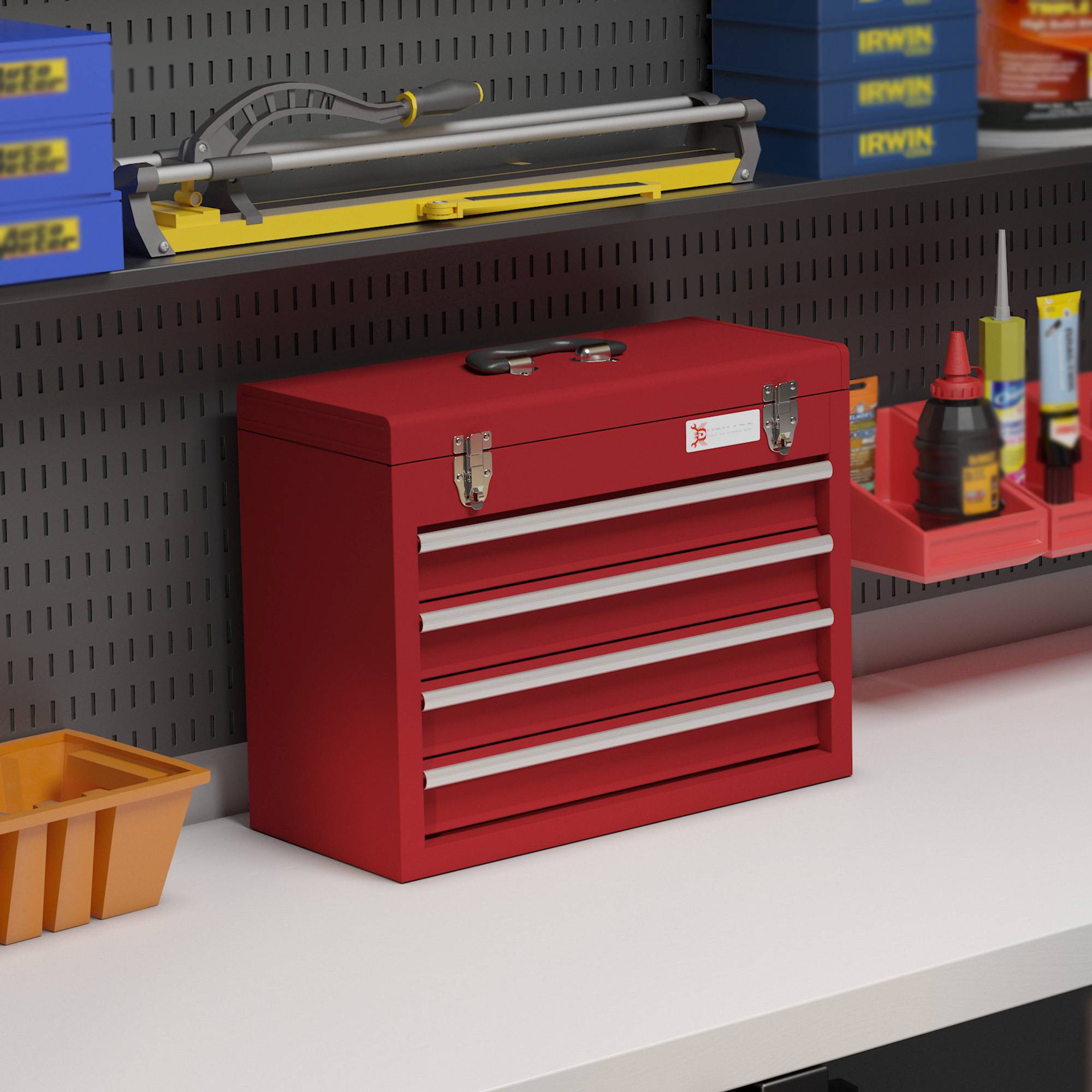 Sans Marque - Boîte à outils avec 4 tiroirs, compartiment de rangement supérieur, fixations en acier, poignée de transport, 51x22x39,5 cm, rouge - Image 3