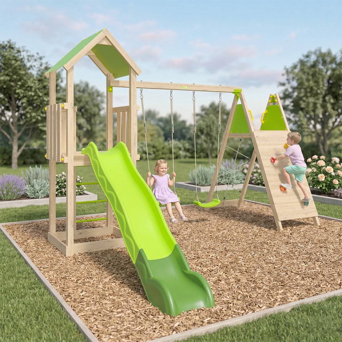 Aire de jeux bois 2,20 m OLYMPIA XPERIENCE VERT- 9 enfants - Image 2