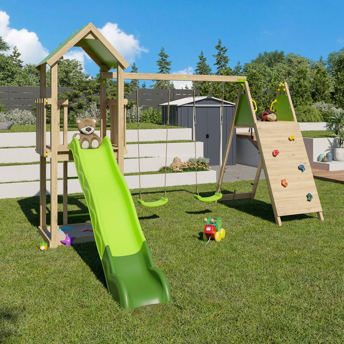 Aire de jeux bois 2,20 m OLYMPIA XPERIENCE VERT- 9 enfants - Image 6