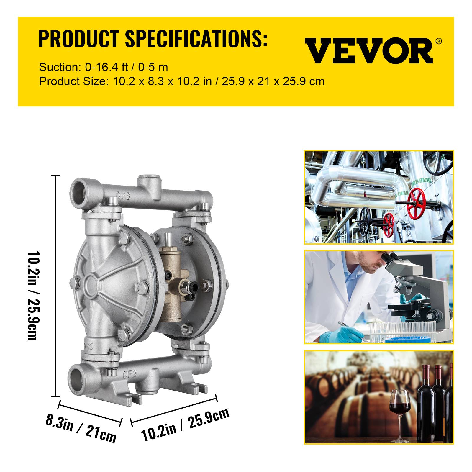 VEVOR Pompe pneumatique double membrane, acier inox. Entrée/sortie 12.7mm, 3 GPM. Pour pétrole, diesel, huile. - Image 7