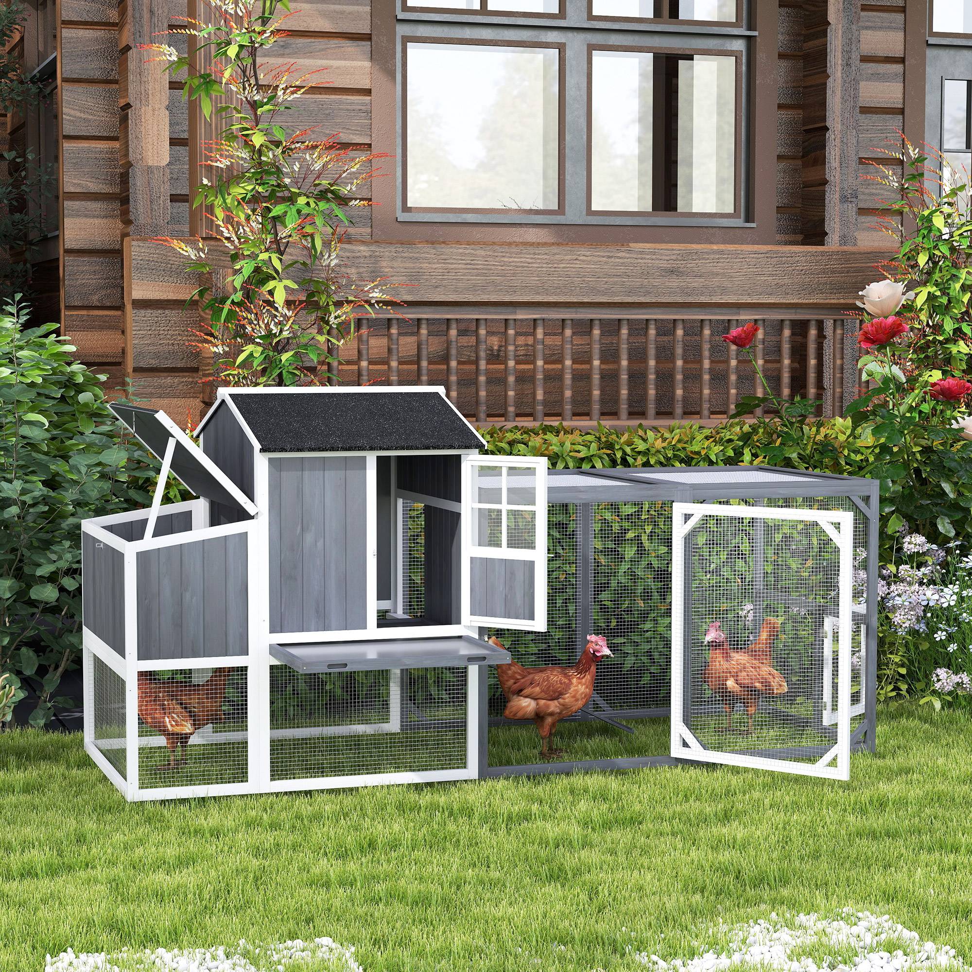 Poulailler avec enclos pour 3 à 4 poules, pondoir 3 pièces, surface de 1,9 m², bois de sapin, gris - Image 4