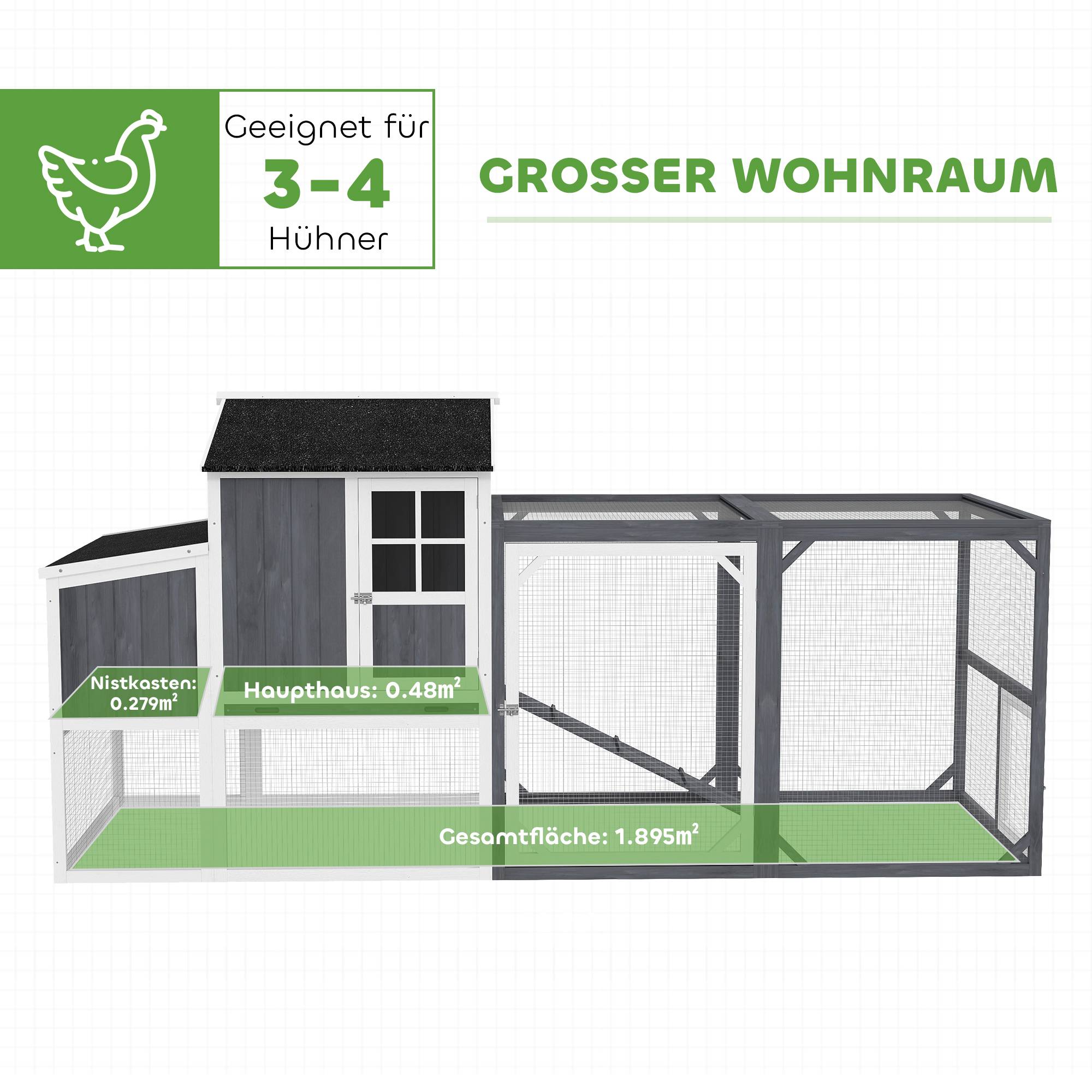Poulailler avec enclos pour 3 à 4 poules, pondoir 3 pièces, surface de 1,9 m², bois de sapin, gris - Image 6