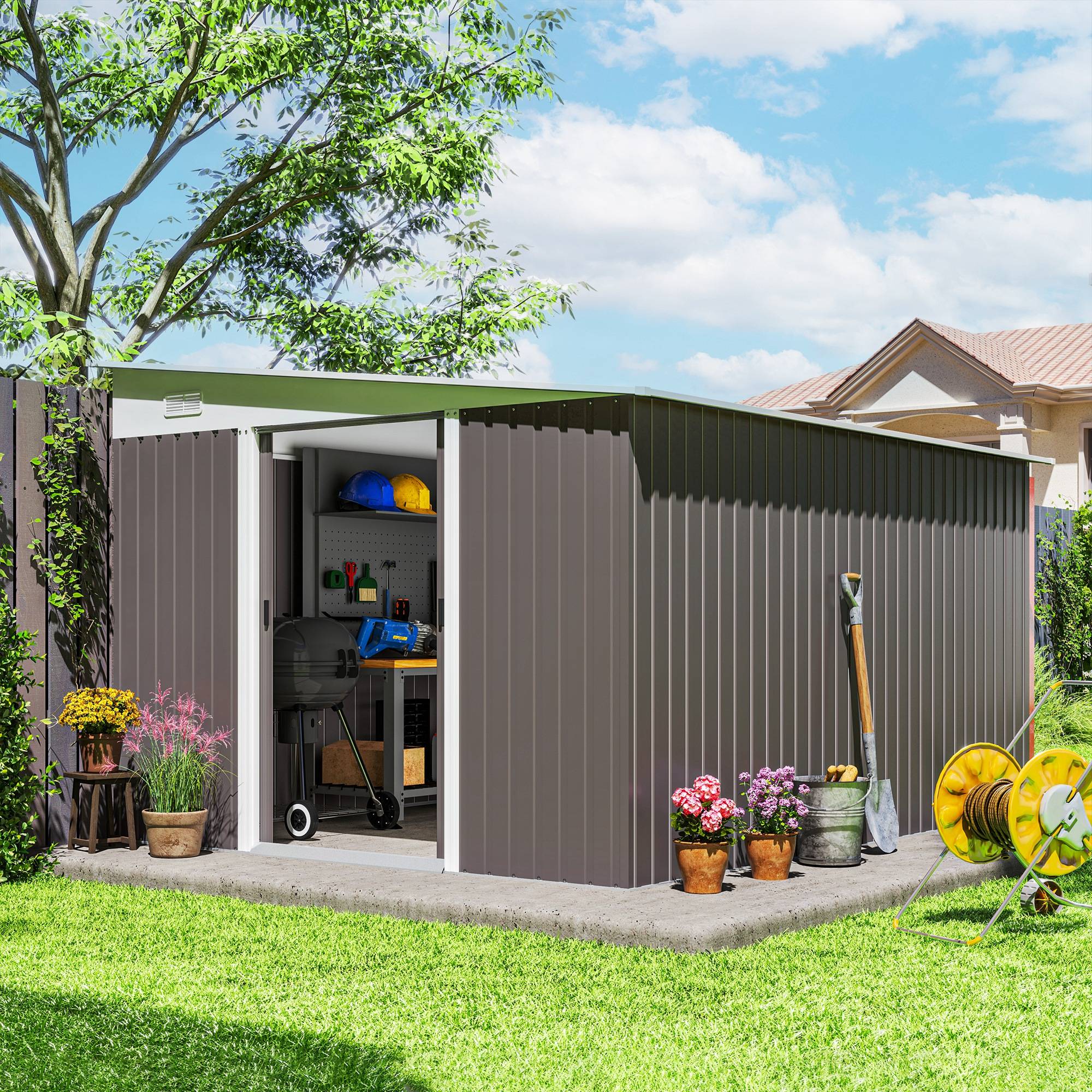 Sans Marque - Abri jardin métallique toit pente double porte verrouillable 2,8x3,45x2,01 m gris - Image 3