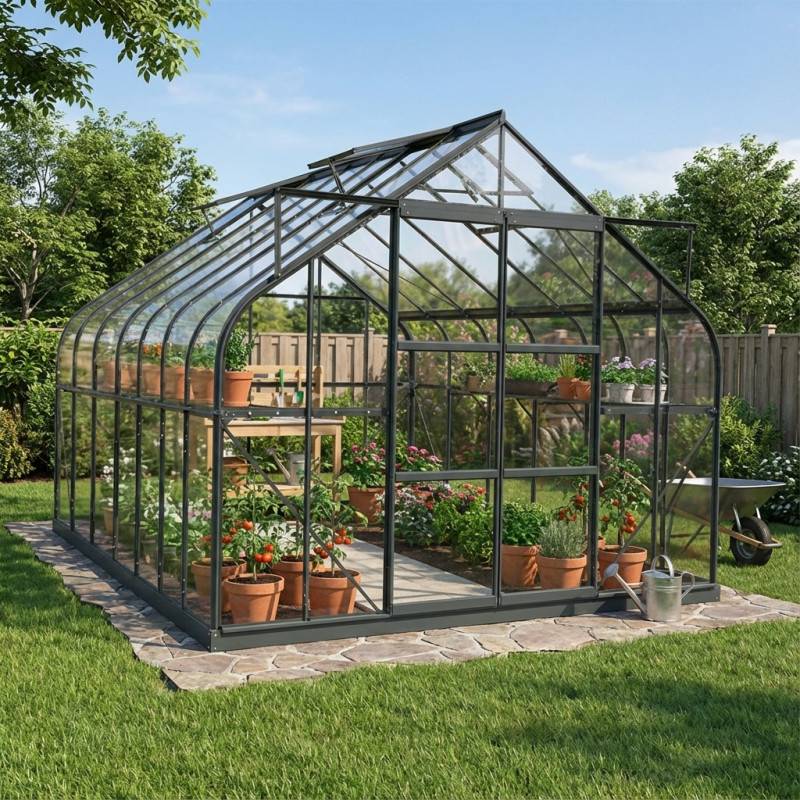 Serre de jardin 13m² en aluminium et verre trempé anthracite Green Protect Comtesse avec embase acier - Image 1