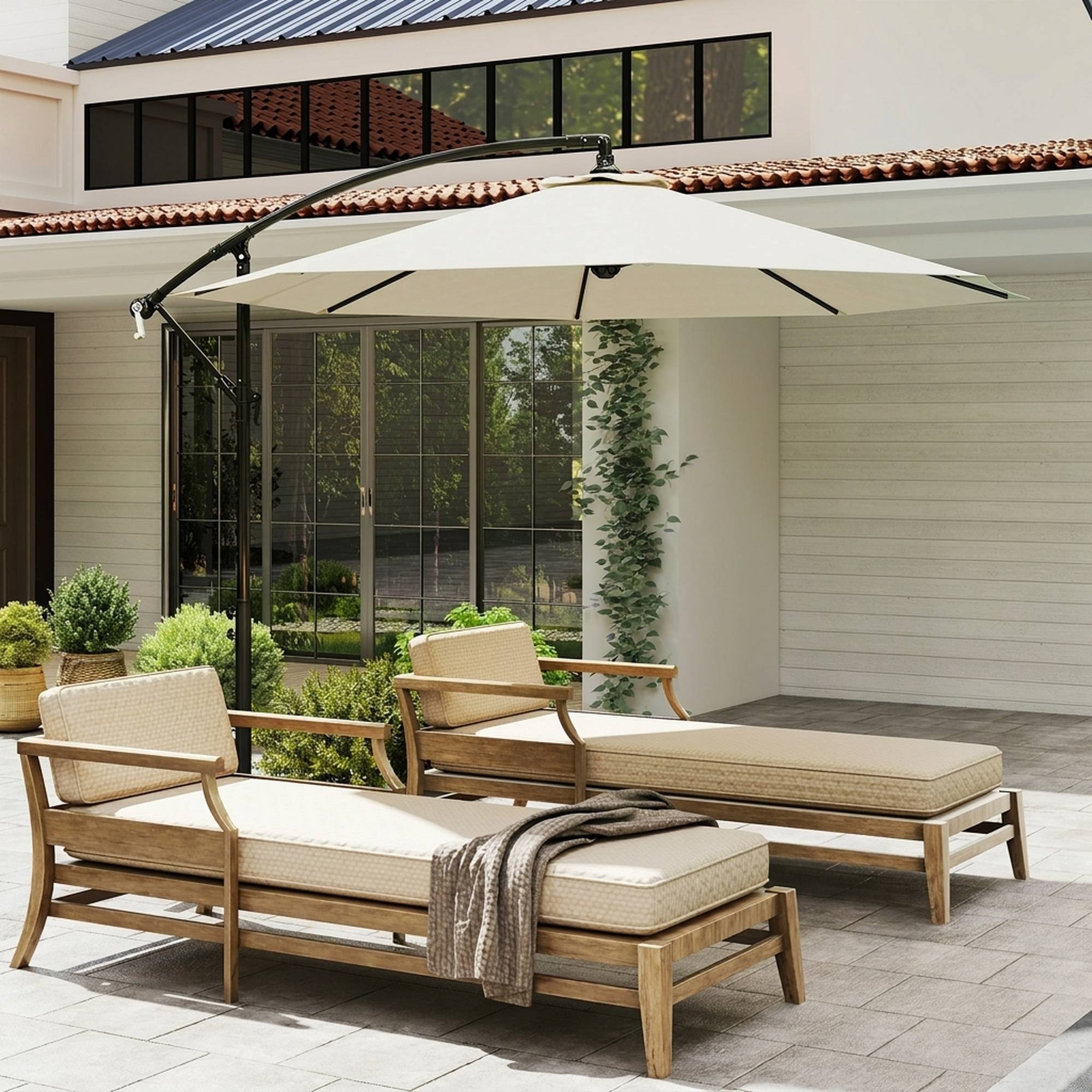 Parasol déporté de jardin avec base en croix incluse, en métal et polyester, 3x2,5 m, beige - Image 9