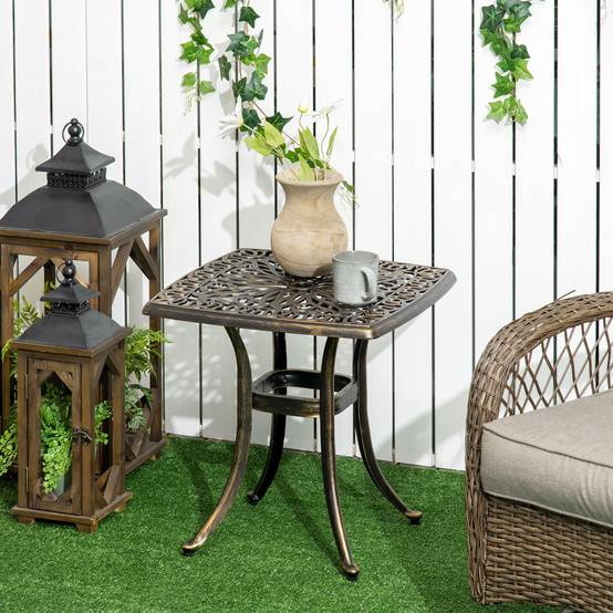 Table d'appoint cadre aluminium bronze 54x54x52,5cm avec trou parasol jardin balcon - Image 2