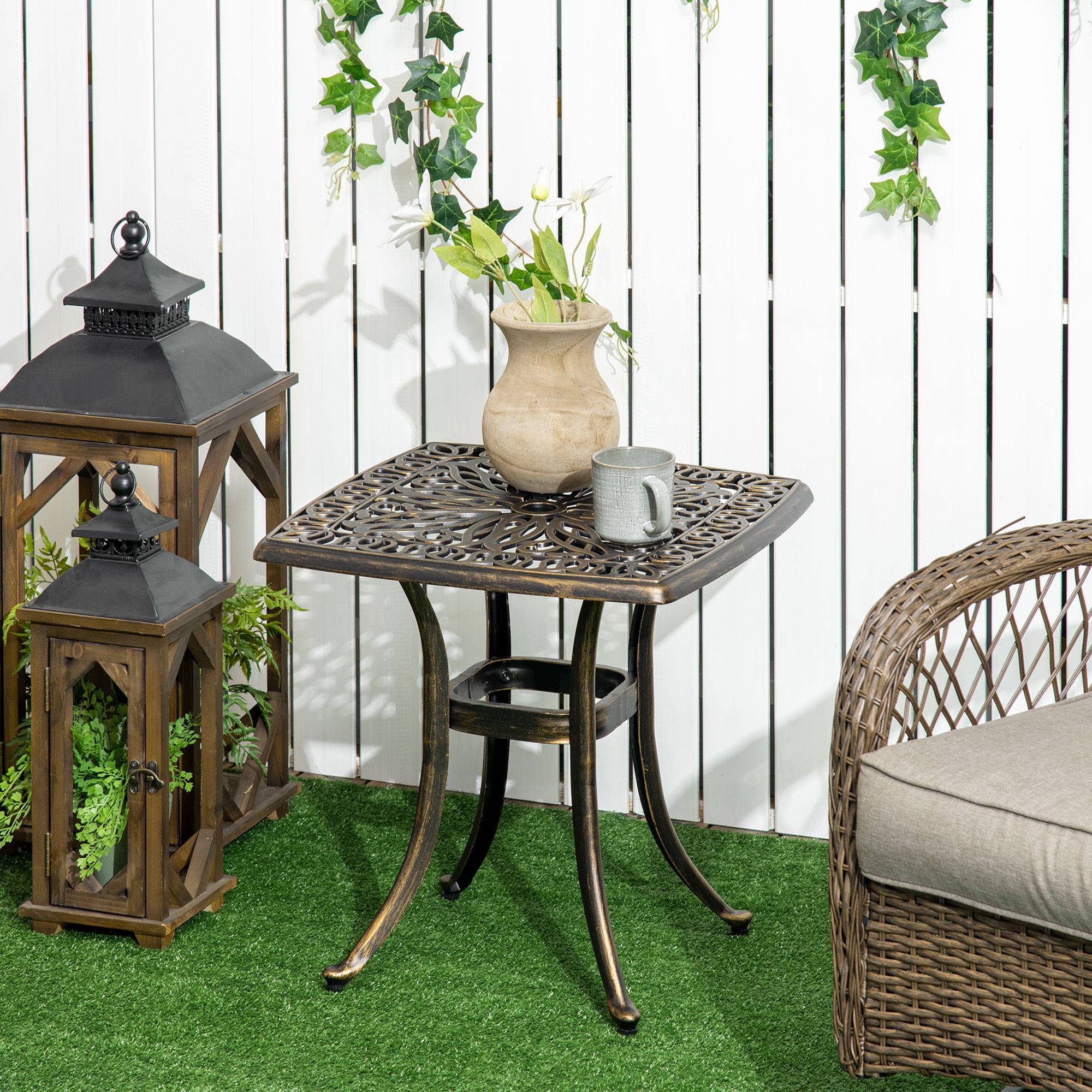 Table d'appoint cadre aluminium bronze 54x54x52,5cm avec trou parasol jardin balcon - Image 2