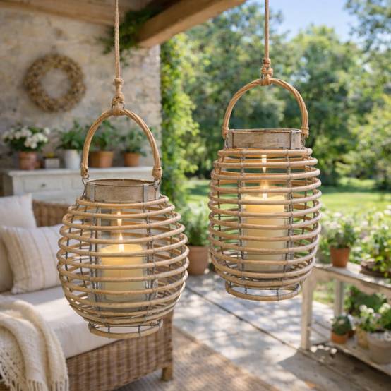 Lanterne jardin extérieur à poser bougie ancienne rotin 24cm Chemin de campagne - Image 2