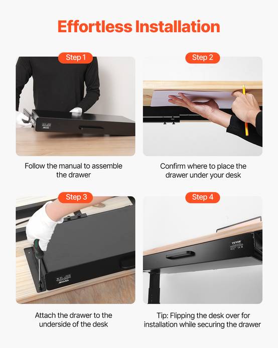 VEVOR Tiroir coulissant sous bureau, 635x232x75mm, charge 5kg. - Image 7