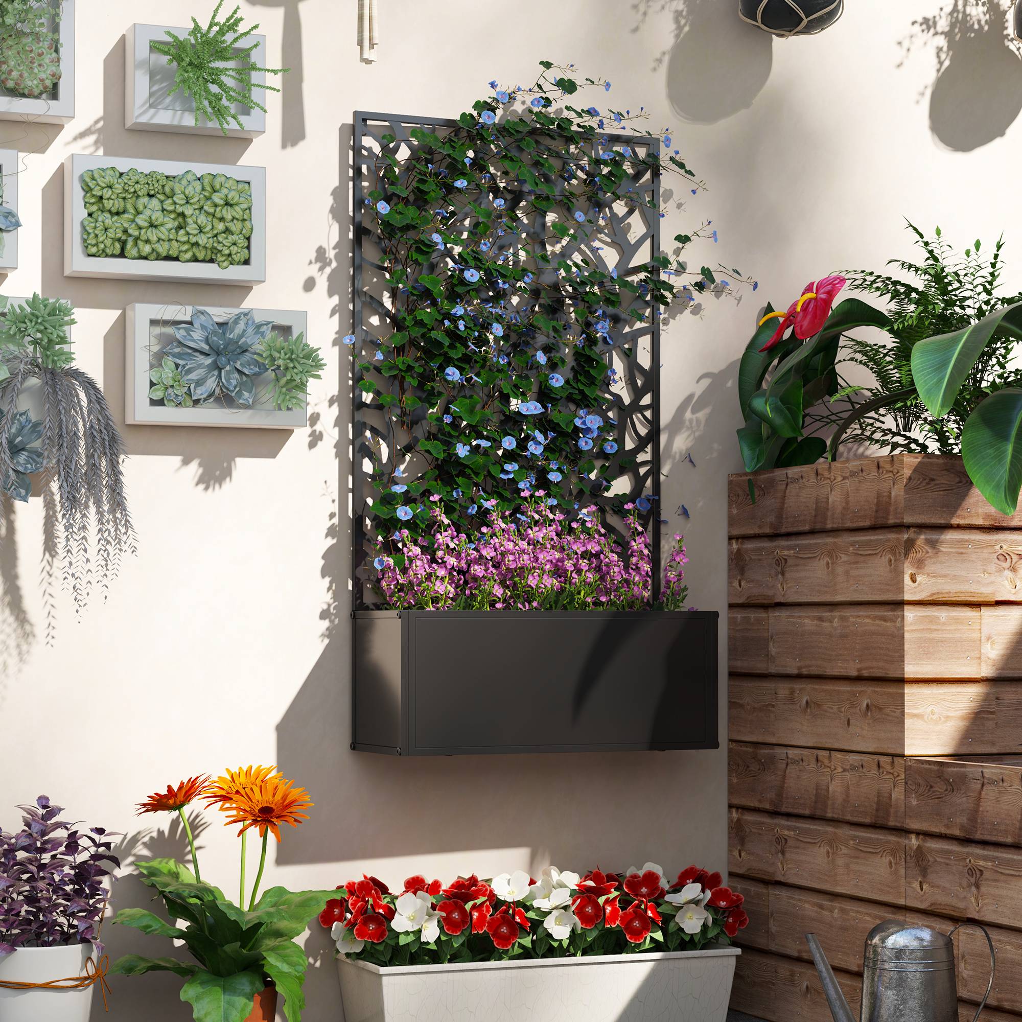 Jardinière surélevée avec panneau décoratif en métal et option de fixation murale 61 x 23 x 113 cm Noir - Image 9
