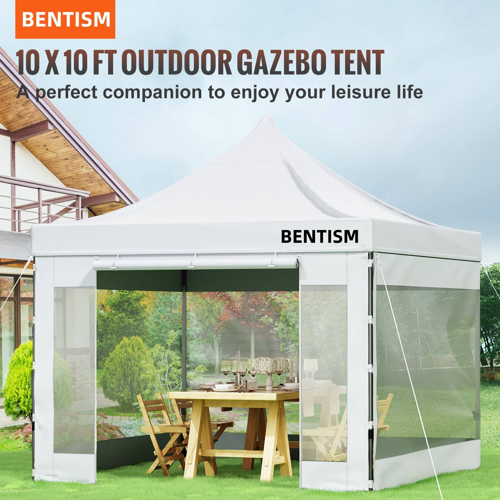 VEVOR Tonnelle imperméable 3x3m pop-up, parois latérales, résistante UV/pluie/neige, avec sac à roulettes. - Image 2