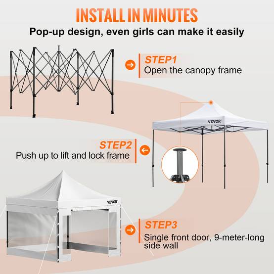 VEVOR Tonnelle imperméable 3x3m pop-up, parois latérales, résistante UV/pluie/neige, avec sac à roulettes. - Image 5