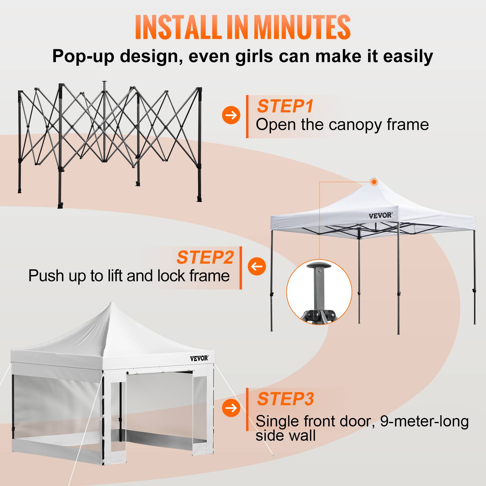 VEVOR Tonnelle imperméable 3x3m pop-up, parois latérales, résistante UV/pluie/neige, avec sac à roulettes. - Image 5