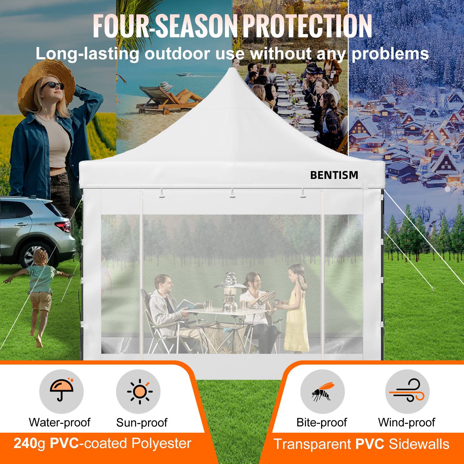 VEVOR Tonnelle imperméable 3x3m pop-up, parois latérales, résistante UV/pluie/neige, avec sac à roulettes. - Image 3