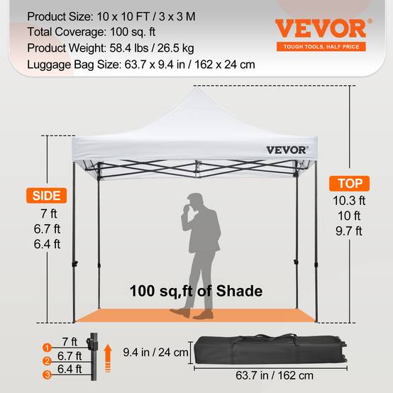 VEVOR Tonnelle imperméable 3x3m pop-up, parois latérales, résistante UV/pluie/neige, avec sac à roulettes. - Image 7