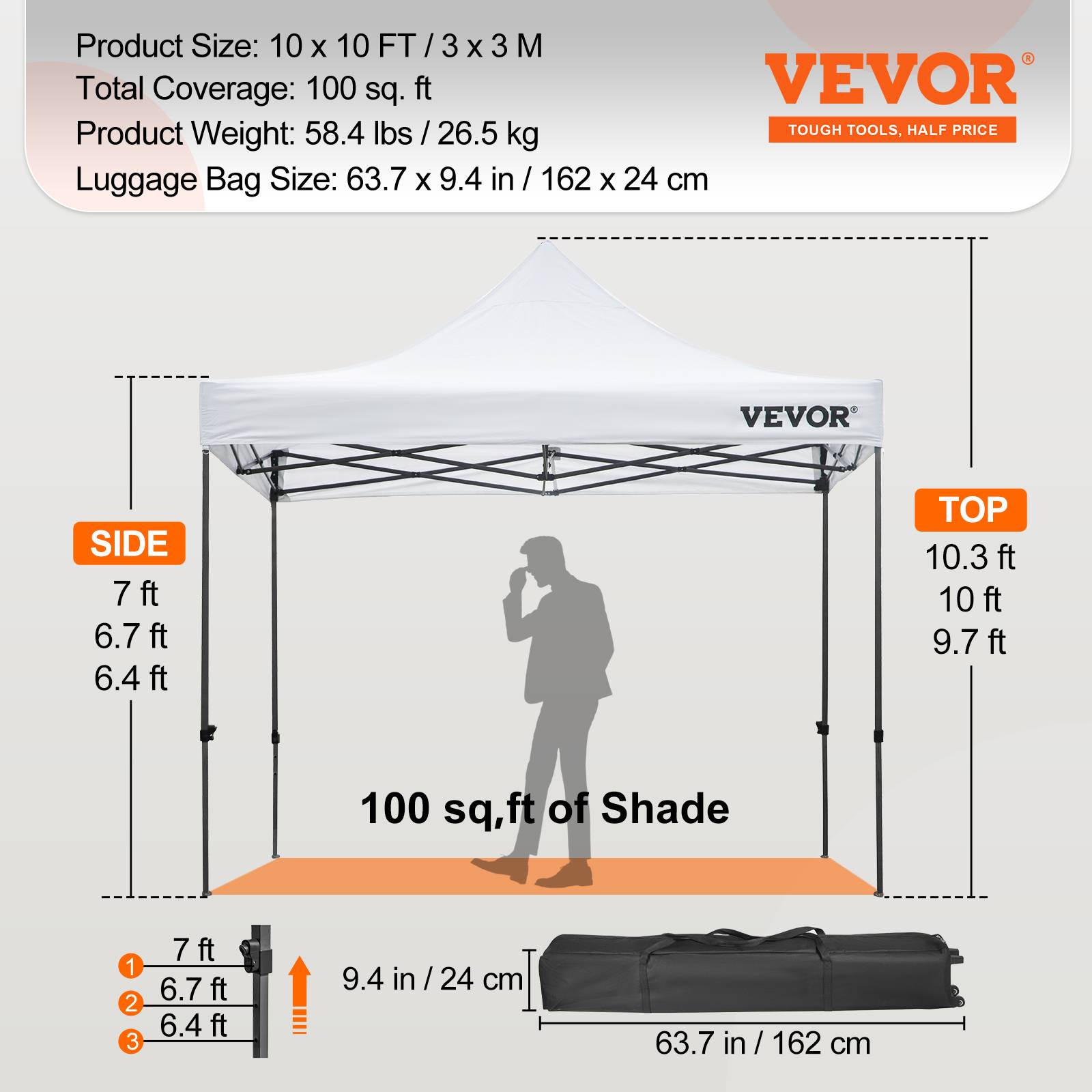 VEVOR Tonnelle imperméable 3x3m pop-up, parois latérales, résistante UV/pluie/neige, avec sac à roulettes. - Image 7