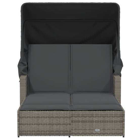 Chaise longue double résine tressée auvent rétractable jardin piscine coussins gris - ComfortXL Outdoor Living - Image 4
