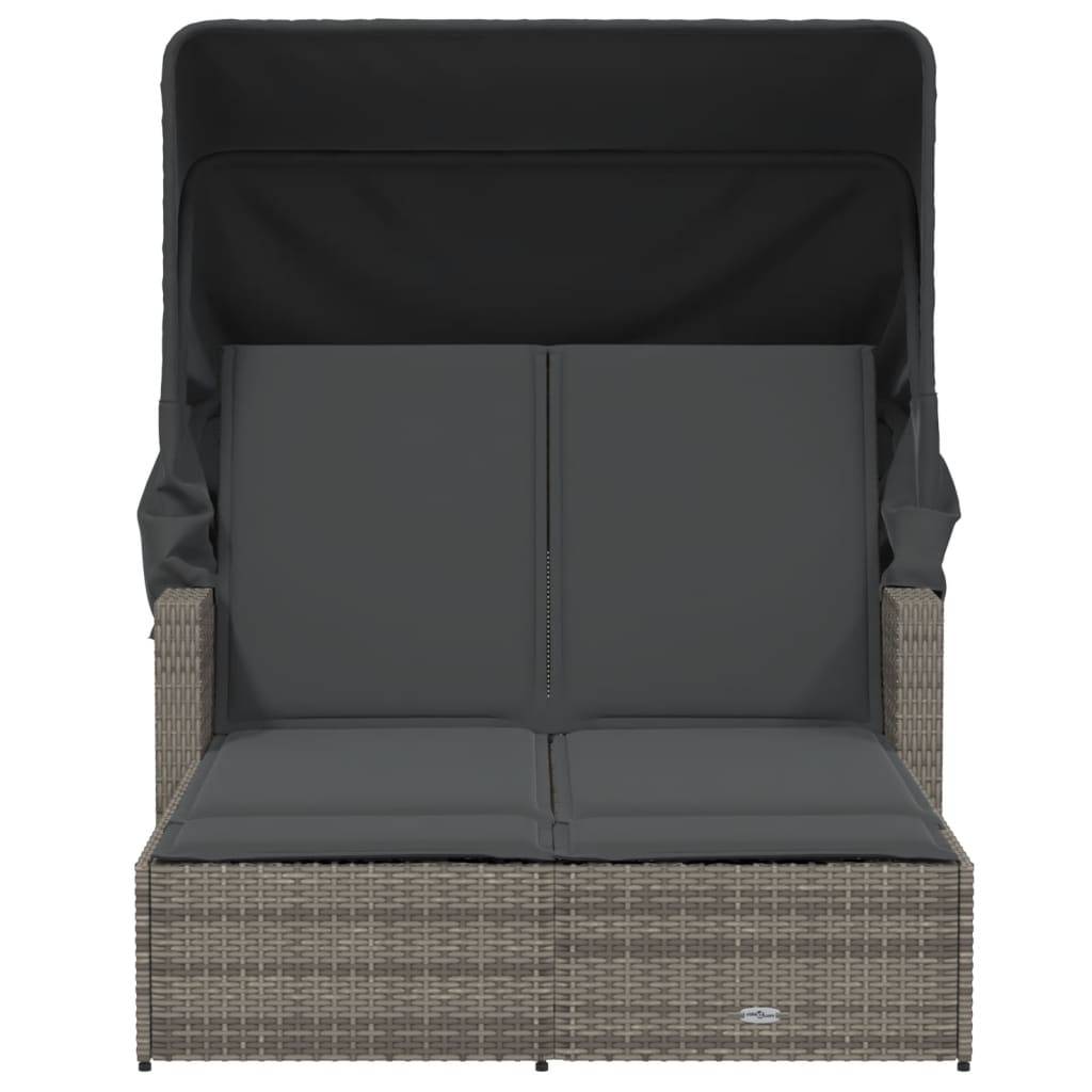 Chaise longue double résine tressée auvent rétractable jardin piscine coussins gris - ComfortXL Outdoor Living - Image 4