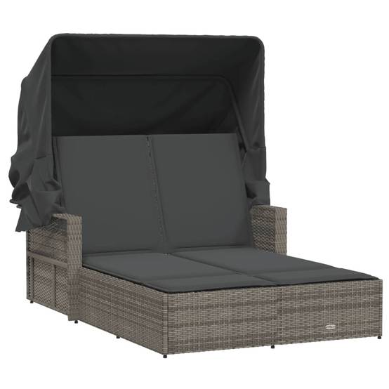 Chaise longue double résine tressée auvent rétractable jardin piscine coussins gris - ComfortXL Outdoor Living - Image 2