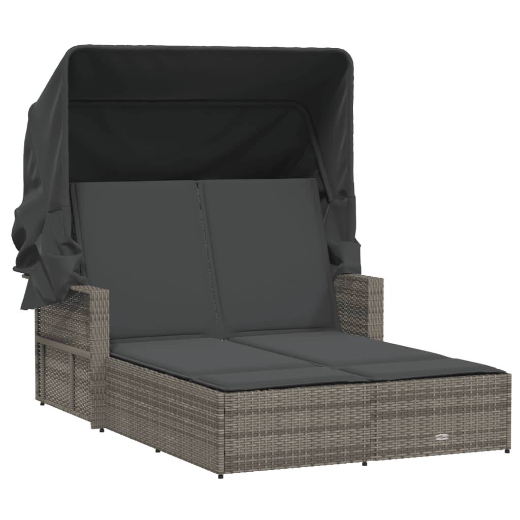 Chaise longue double résine tressée auvent rétractable jardin piscine coussins gris - ComfortXL Outdoor Living - Image 2
