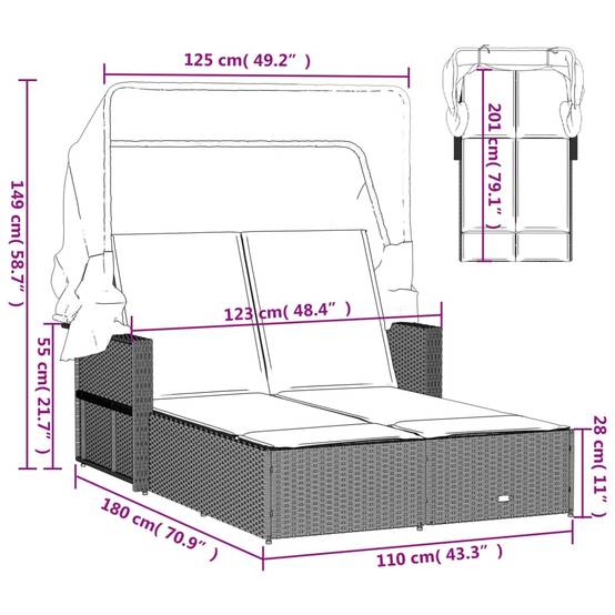 Chaise longue double résine tressée auvent rétractable jardin piscine coussins gris - ComfortXL Outdoor Living - Image 10