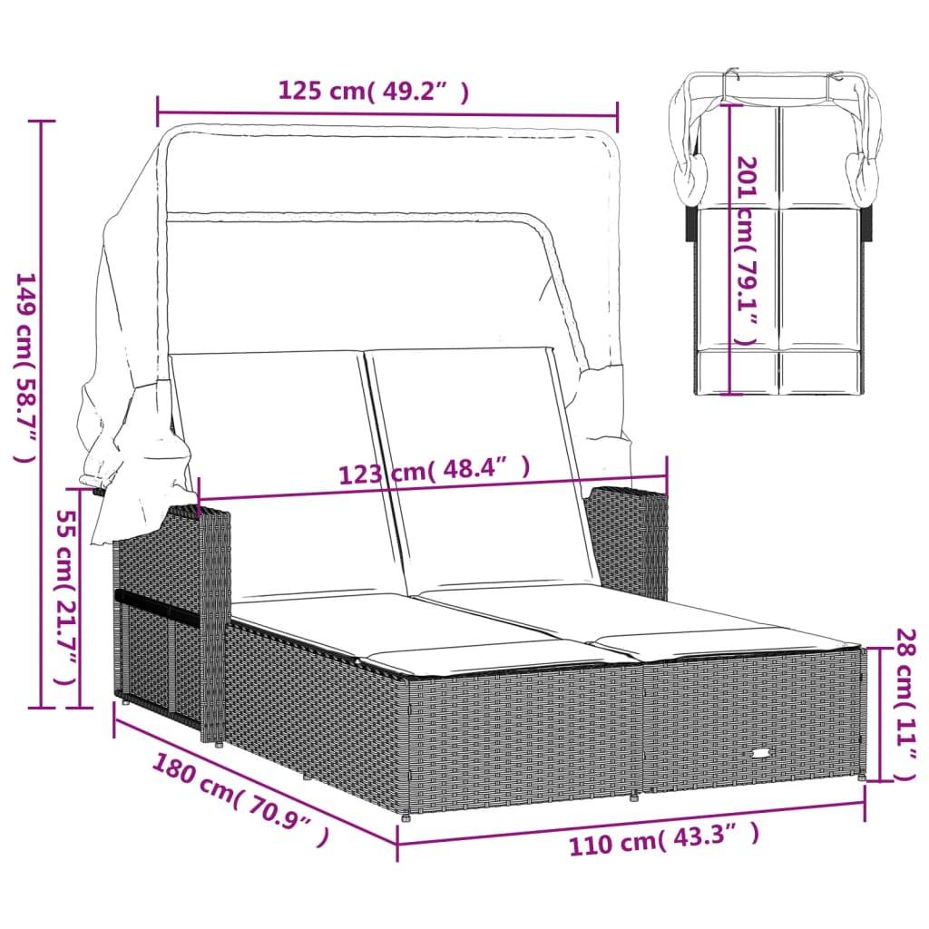 Chaise longue double résine tressée auvent rétractable jardin piscine coussins gris - ComfortXL Outdoor Living - Image 10