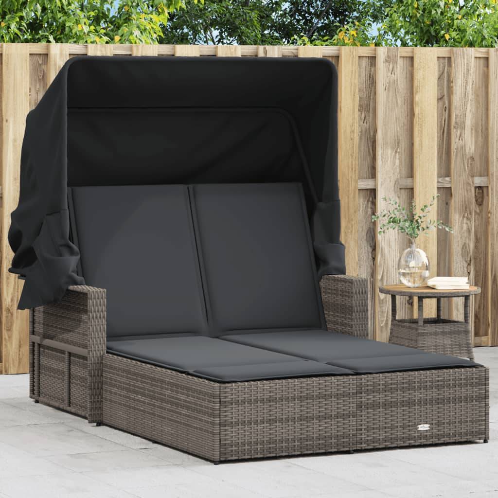 Chaise longue double résine tressée auvent rétractable jardin piscine coussins gris - ComfortXL Outdoor Living - Image 1