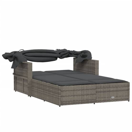 Chaise longue double résine tressée auvent rétractable jardin piscine coussins gris - ComfortXL Outdoor Living - Image 7