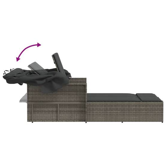 Chaise longue double résine tressée auvent rétractable jardin piscine coussins gris - ComfortXL Outdoor Living - Image 8