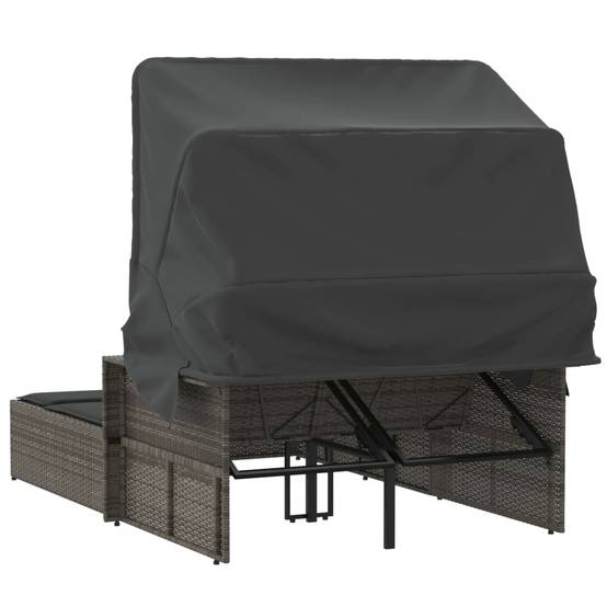 Chaise longue double résine tressée auvent rétractable jardin piscine coussins gris - ComfortXL Outdoor Living - Image 6