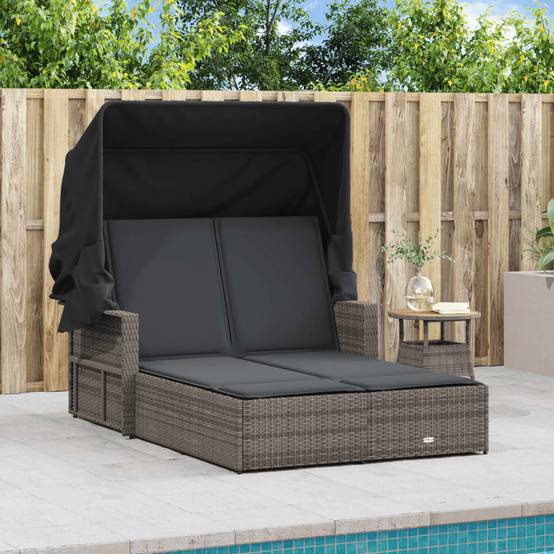 Chaise longue double résine tressée auvent rétractable jardin piscine coussins gris - ComfortXL Outdoor Living - Image 3
