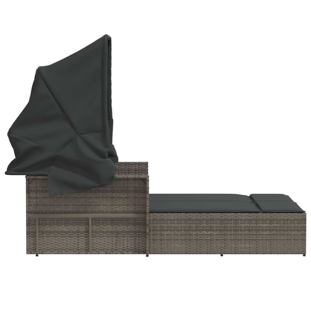 Chaise longue double résine tressée auvent rétractable jardin piscine coussins gris - ComfortXL Outdoor Living - Image 5