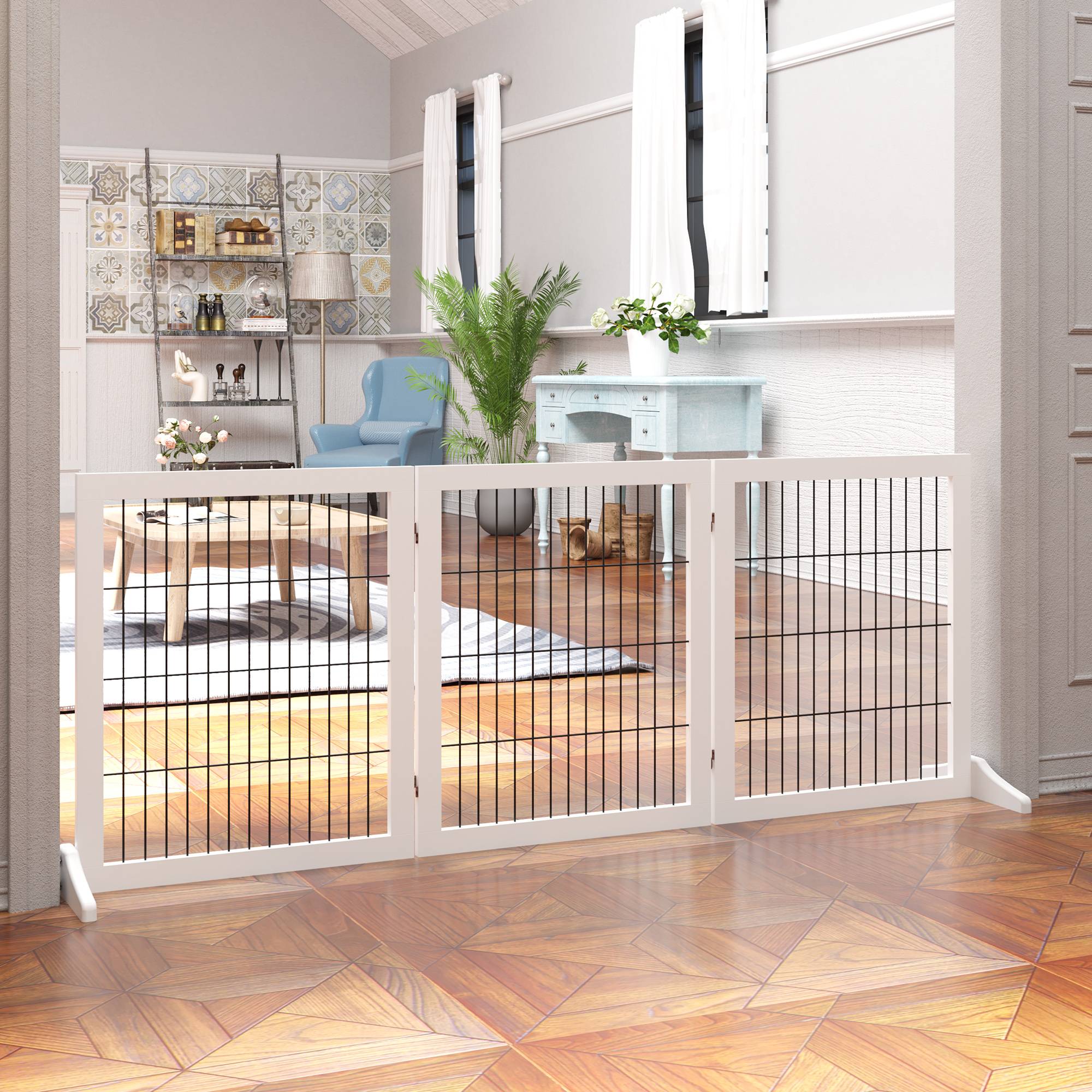 Barrière pour chien autoportante avec pieds 185 x 71 cm, bois, escaliers, portes, cuisine, 3 panneaux, blanc - Image 3