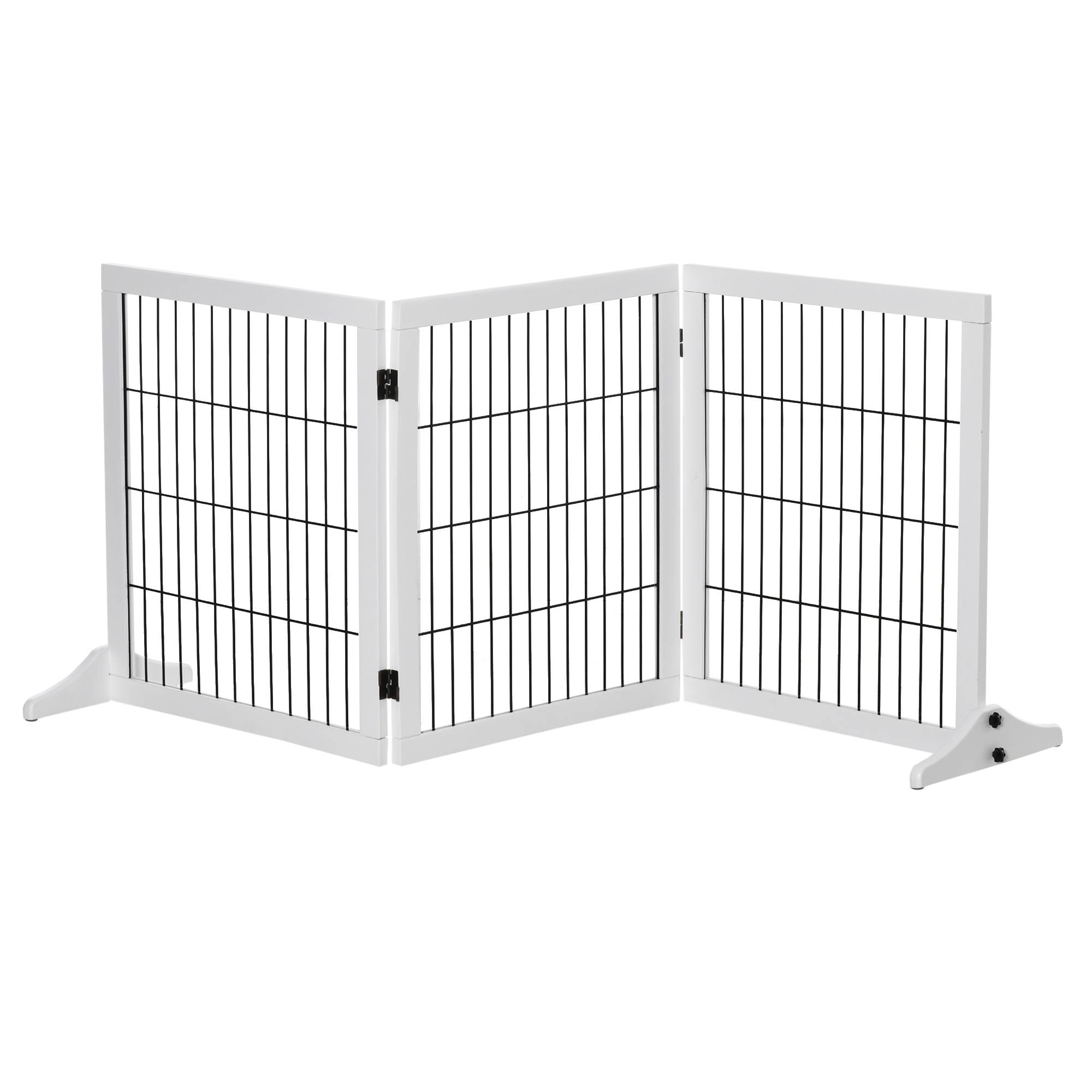 Barrière pour chien autoportante avec pieds 185 x 71 cm, bois, escaliers, portes, cuisine, 3 panneaux, blanc