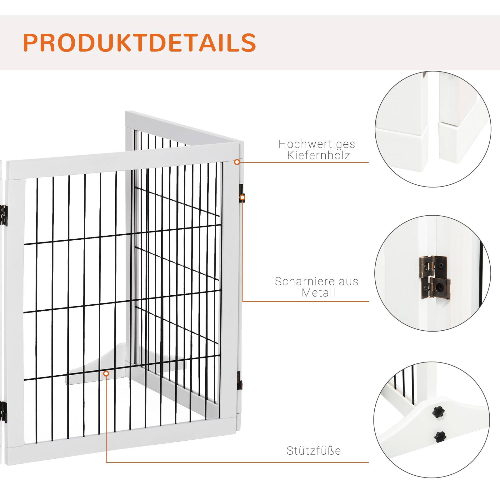 Barrière pour chien autoportante avec pieds 185 x 71 cm, bois, escaliers, portes, cuisine, 3 panneaux, blanc - Image 8