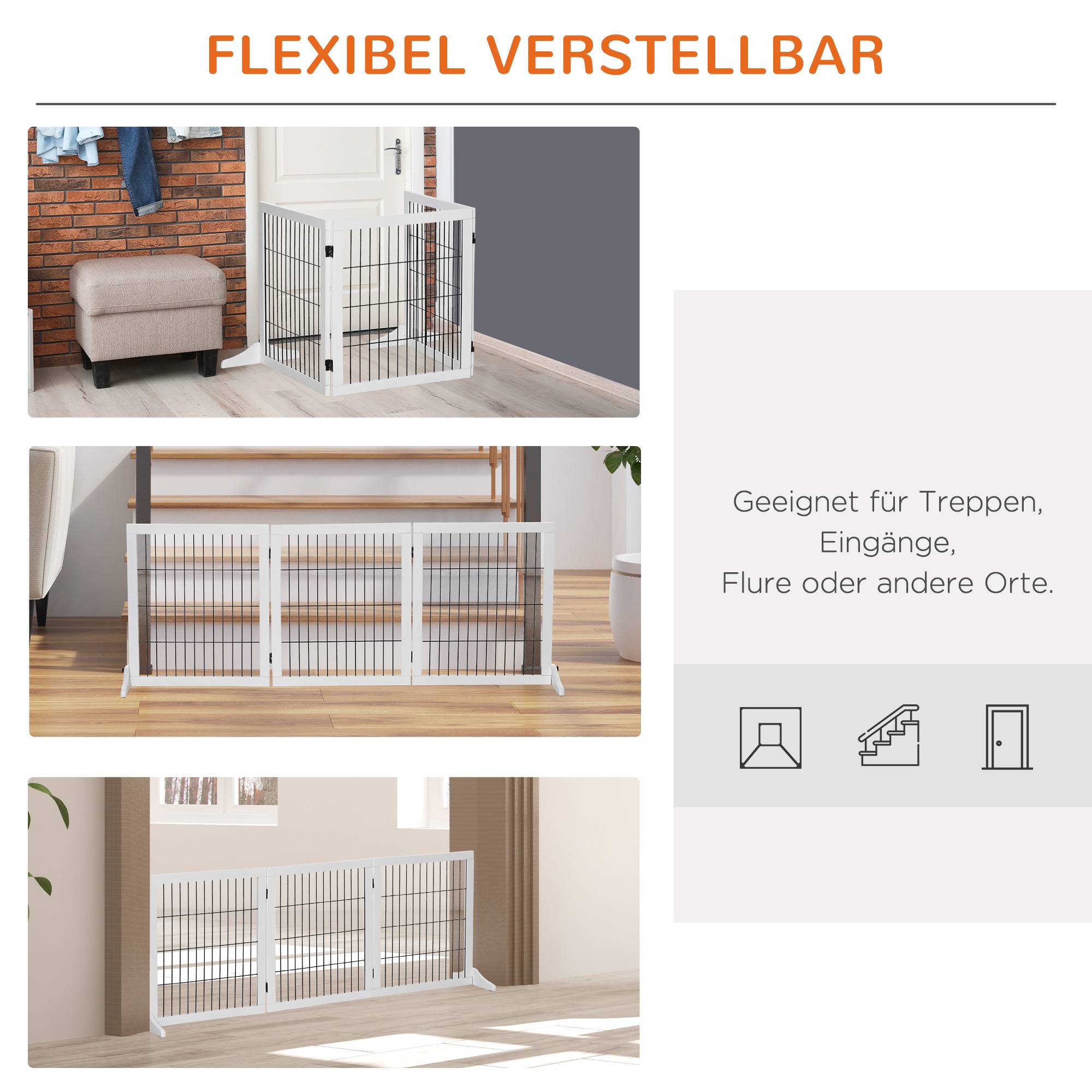 Barrière pour chien autoportante avec pieds 185 x 71 cm, bois, escaliers, portes, cuisine, 3 panneaux, blanc - Image 6