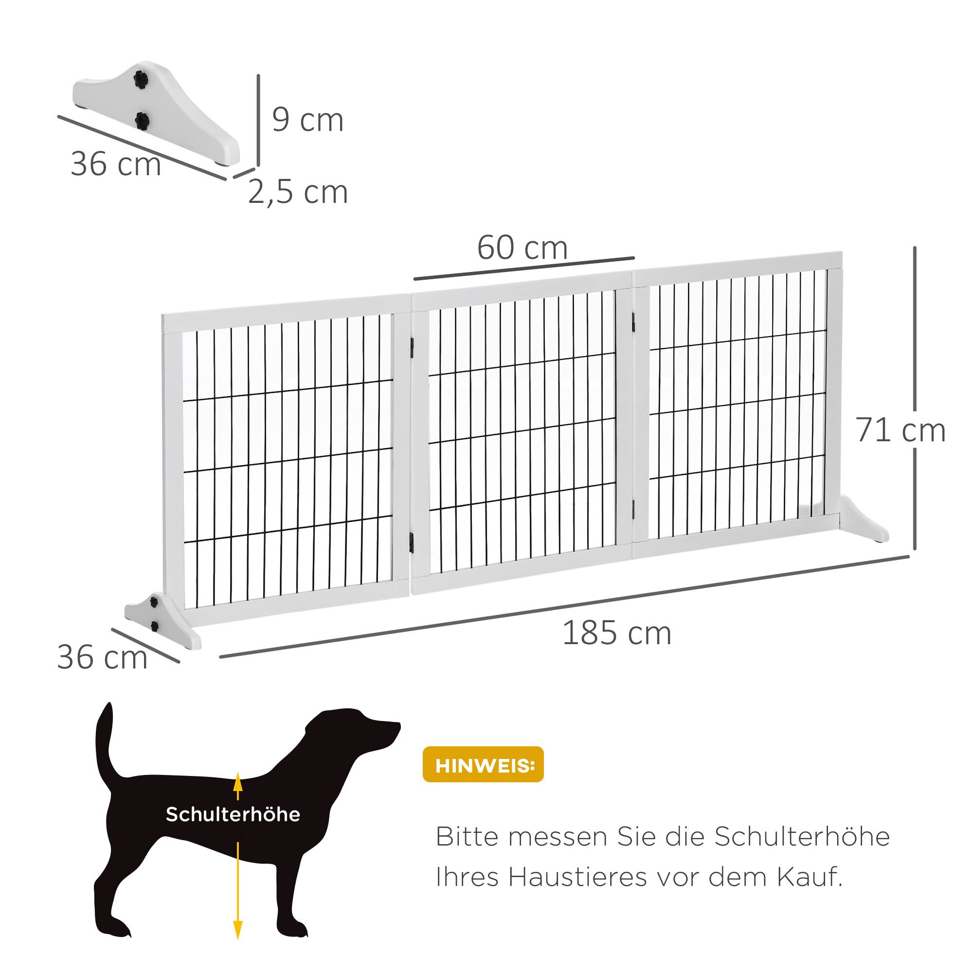 Barrière pour chien autoportante avec pieds 185 x 71 cm, bois, escaliers, portes, cuisine, 3 panneaux, blanc - Image 5