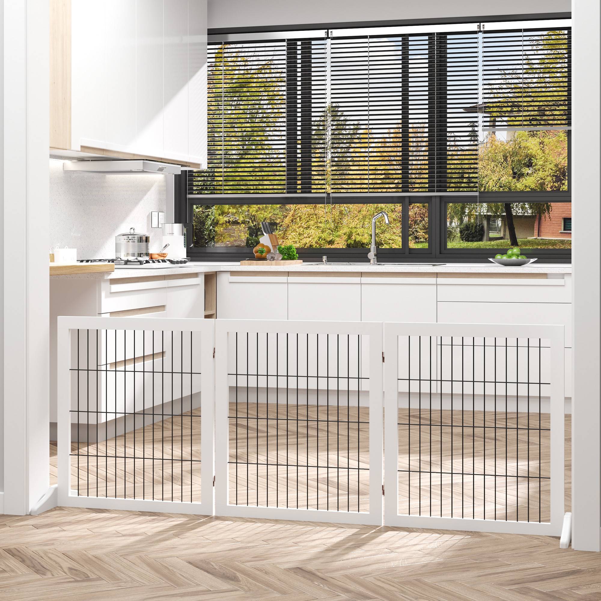 Barrière pour chien autoportante avec pieds 185 x 71 cm, bois, escaliers, portes, cuisine, 3 panneaux, blanc - Image 4