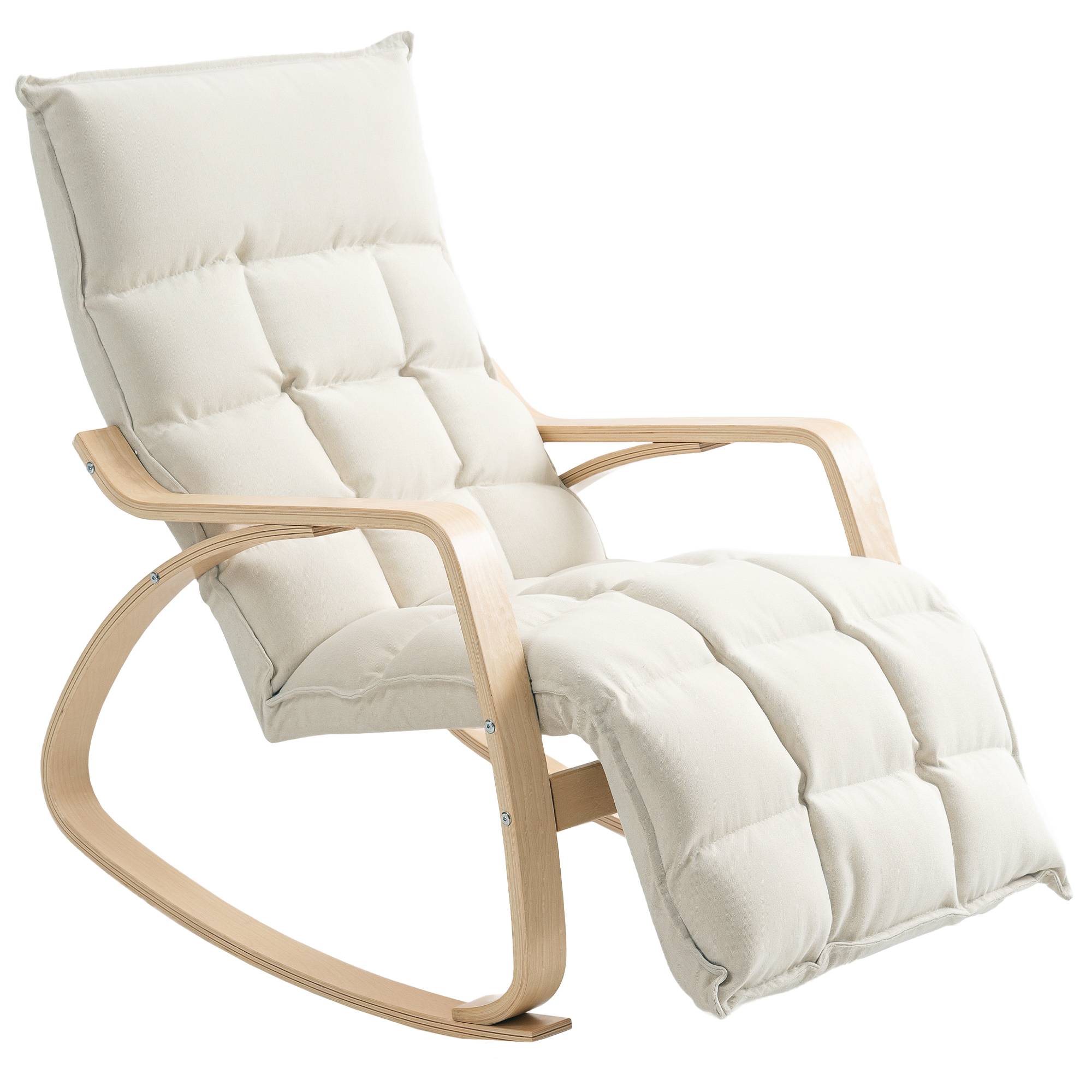 Fauteuil à bascule avec repose-pieds ajustable, rocking chair avec pieds en bois de bouleau, 67 x 106-123 x 92 cm, crème - Image 2