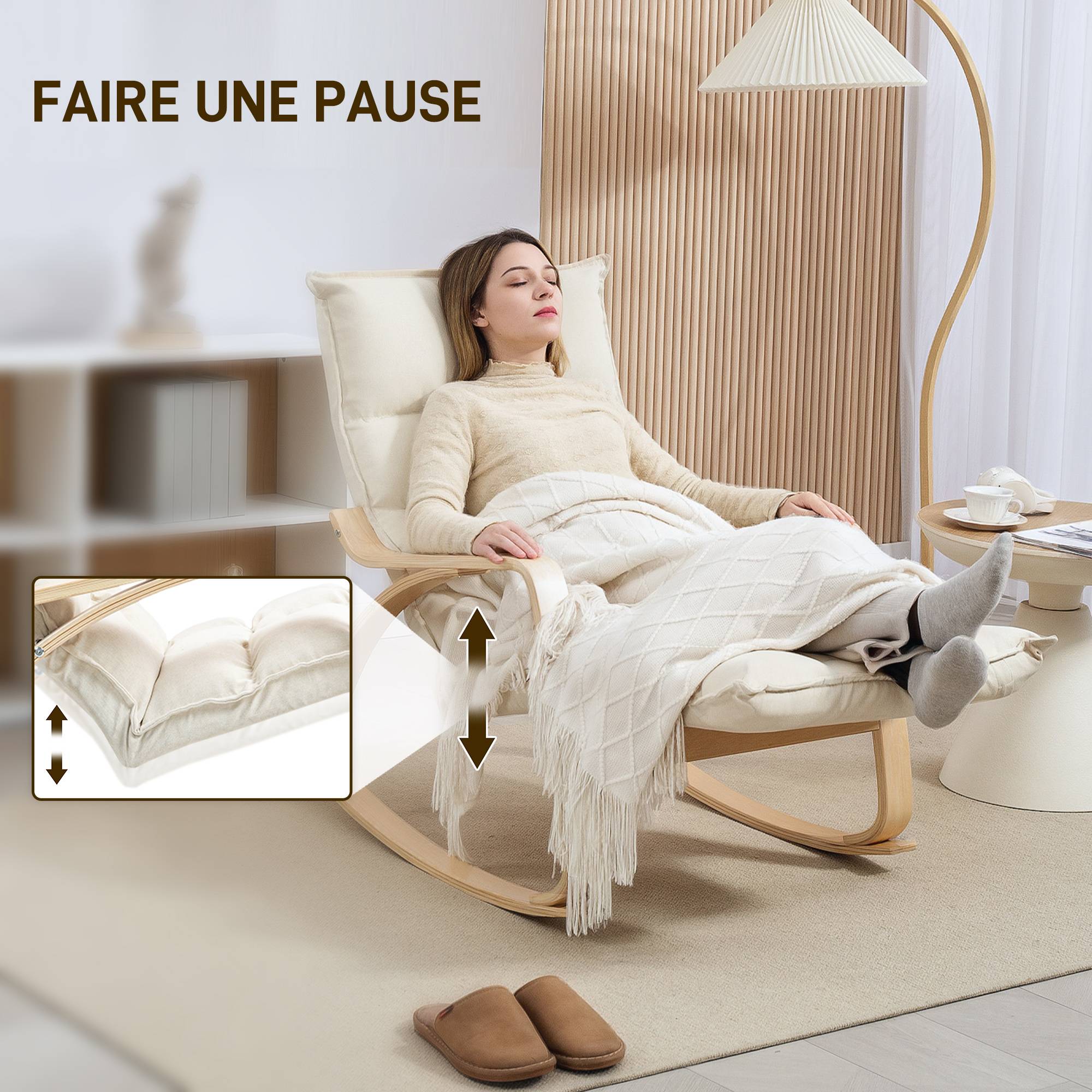 Fauteuil à bascule avec repose-pieds ajustable, rocking chair avec pieds en bois de bouleau, 67 x 106-123 x 92 cm, crème - Image 6