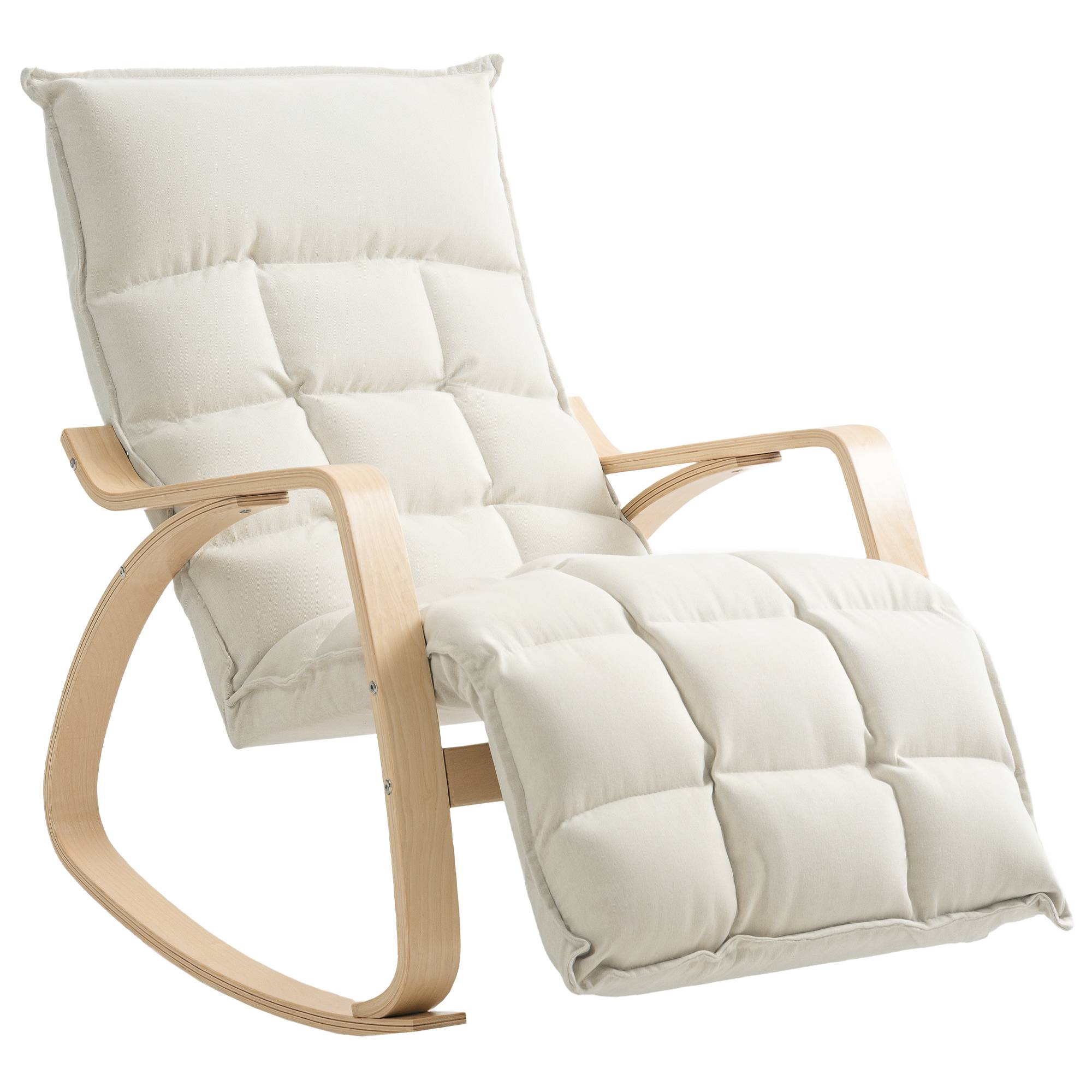 Fauteuil à bascule avec repose-pieds ajustable, rocking chair avec pieds en bois de bouleau, 67 x 106-123 x 92 cm, crème - Image 1
