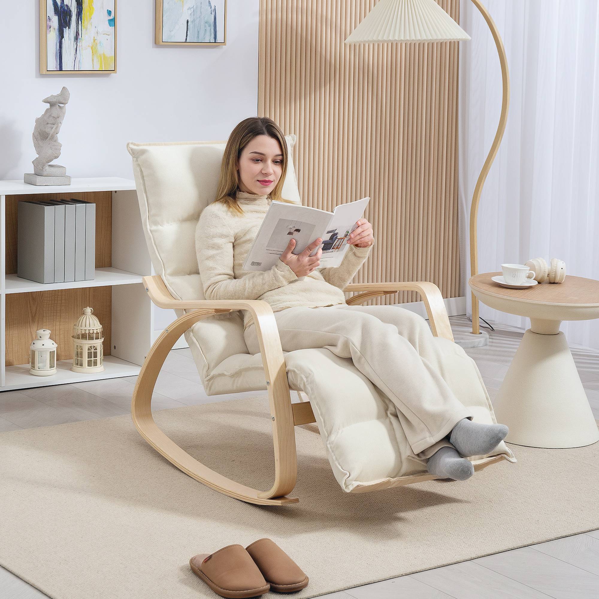 Fauteuil à bascule avec repose-pieds ajustable, rocking chair avec pieds en bois de bouleau, 67 x 106-123 x 92 cm, crème - Image 3