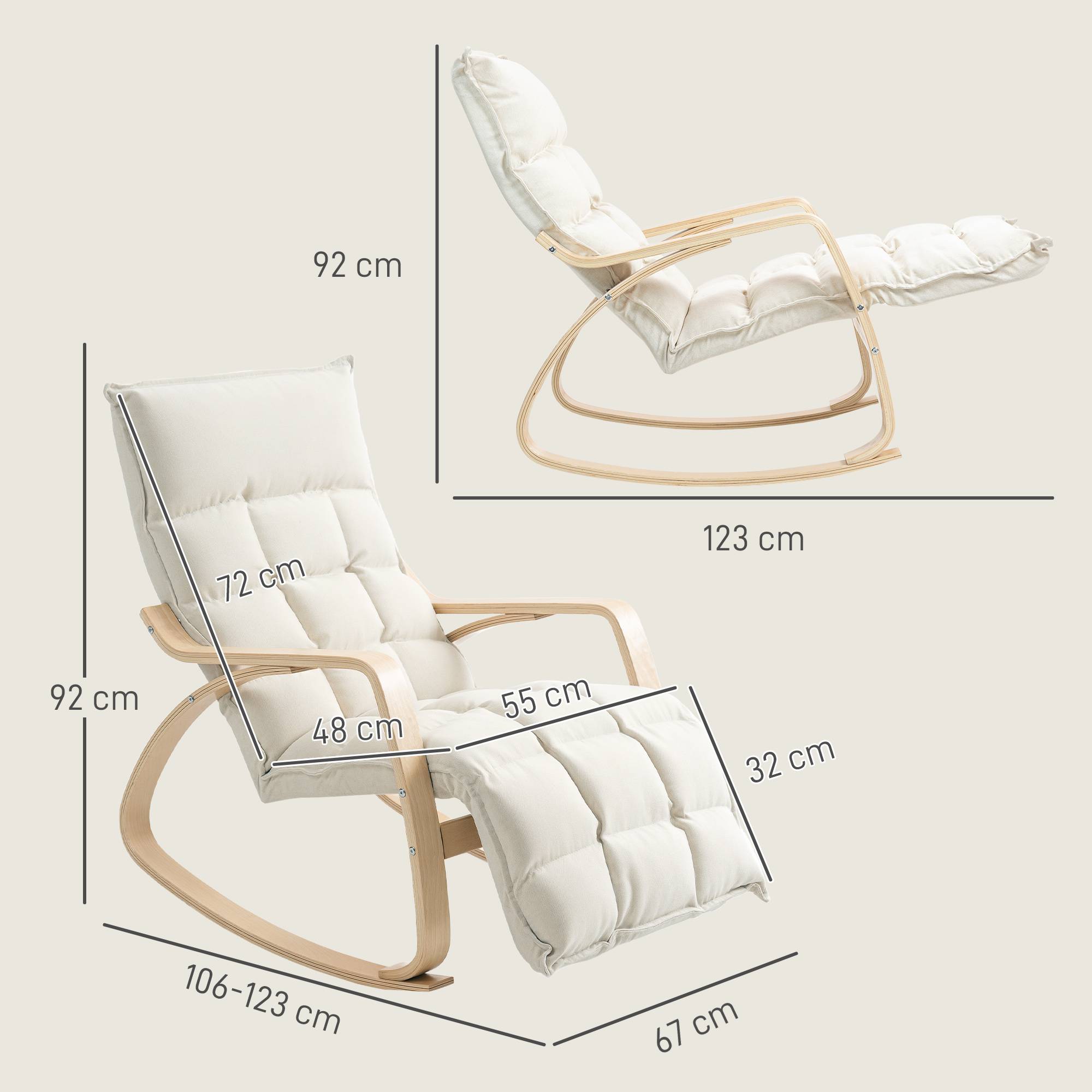 Fauteuil à bascule avec repose-pieds ajustable, rocking chair avec pieds en bois de bouleau, 67 x 106-123 x 92 cm, crème - Image 5