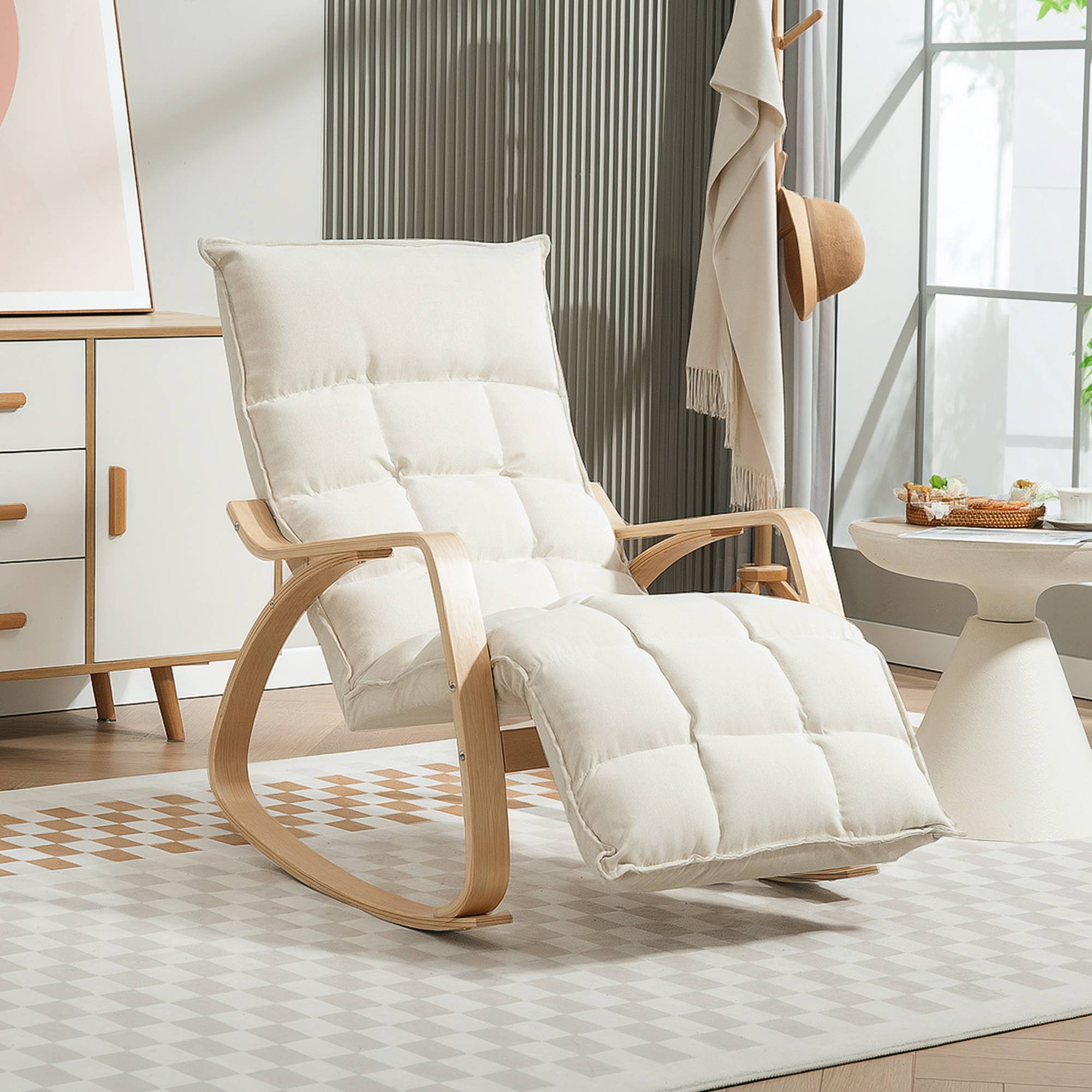 Fauteuil à bascule avec repose-pieds ajustable, rocking chair avec pieds en bois de bouleau, 67 x 106-123 x 92 cm, crème - Image 4