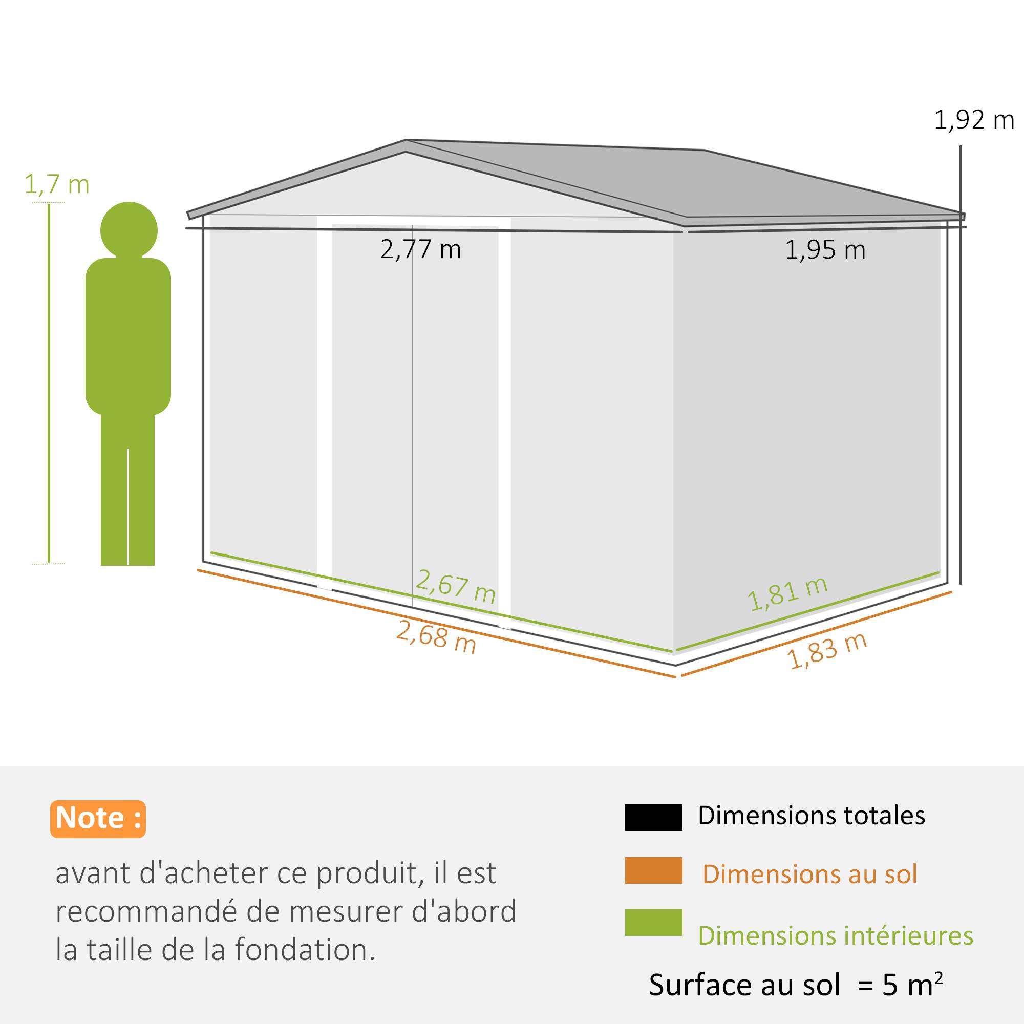 Abri de jardin acier galvanisé 5,4 m² 2,77x1,95x1,92 m fondation porte coulissante marron - Image 5